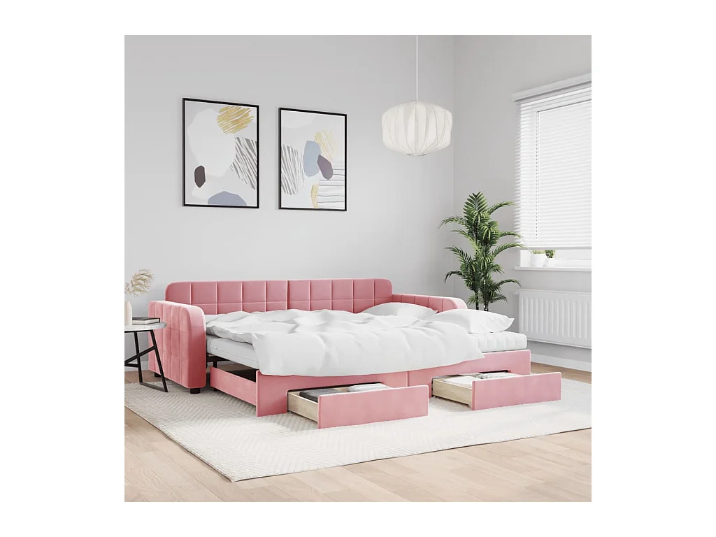 Lit de jour avec gigogne et tiroirs rose 90x200 cm velours