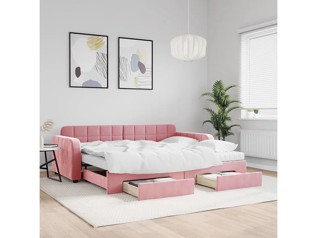 Lit de jour avec gigogne et tiroirs rose 90x200 cm velours