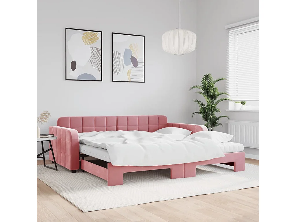 Lit de jour avec lit gigogne et matelas rose 100x200 cm velours
