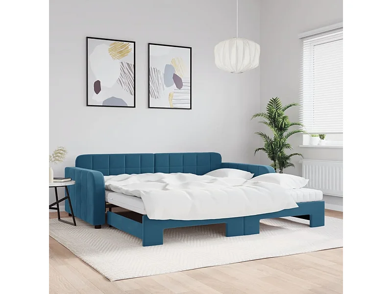 Slaapbank onderschuifbed en matrassen 100x200 cm fluweel blauw