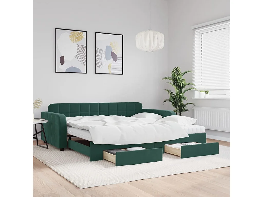 Sofá-cama com gavetão e gavetas 100x200 cm veludo verde-escuro