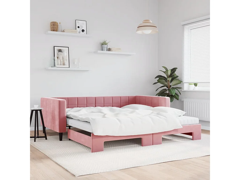 Lit de jour avec lit gigogne et matelas rose 100x200 cm velours