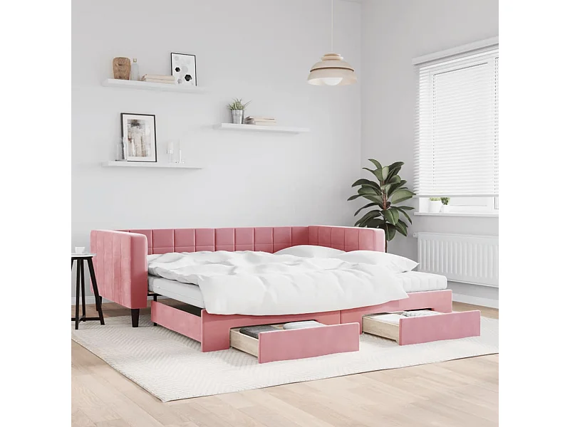 Sofá-cama com gavetão e gavetas 100x200 cm veludo rosa