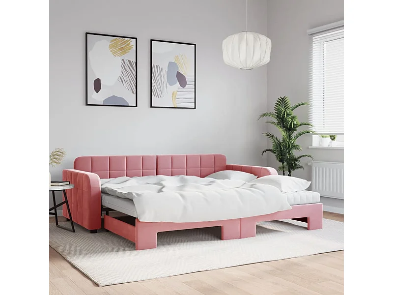 Slaapbank onderschuifbed en matrassen 90x200 cm fluweel roze