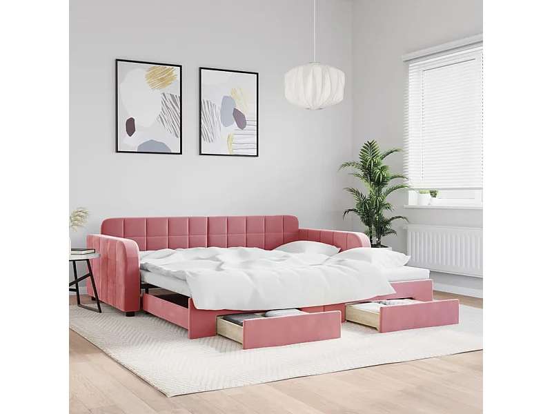 Slaapbank met onderschuifbed en lades 100x200 cm fluweel roze