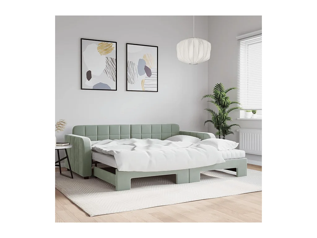 Lit de jour avec gigogne et matelas gris clair 90x200cm velours