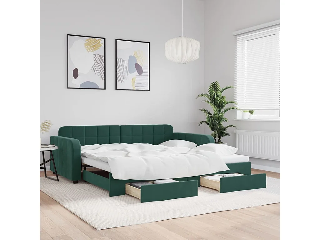 Sofá-cama com gavetão e gavetas 100x200 cm veludo verde-escuro