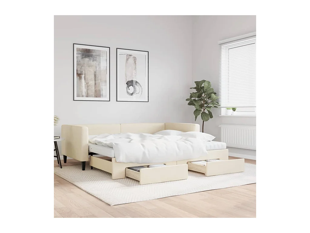 Lit de jour avec gigogne et tiroirs crème 90x200 cm tissu