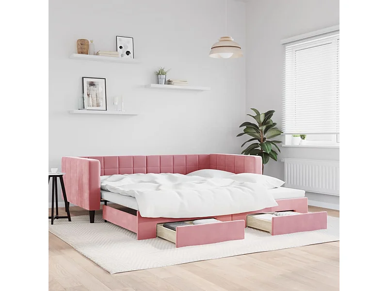 Slaapbank met onderschuifbed en lades 100x200 cm fluweel roze
