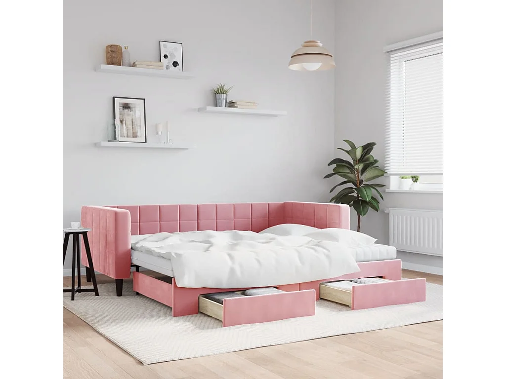 Lit de jour avec gigogne et tiroirs rose 90x200 cm velours