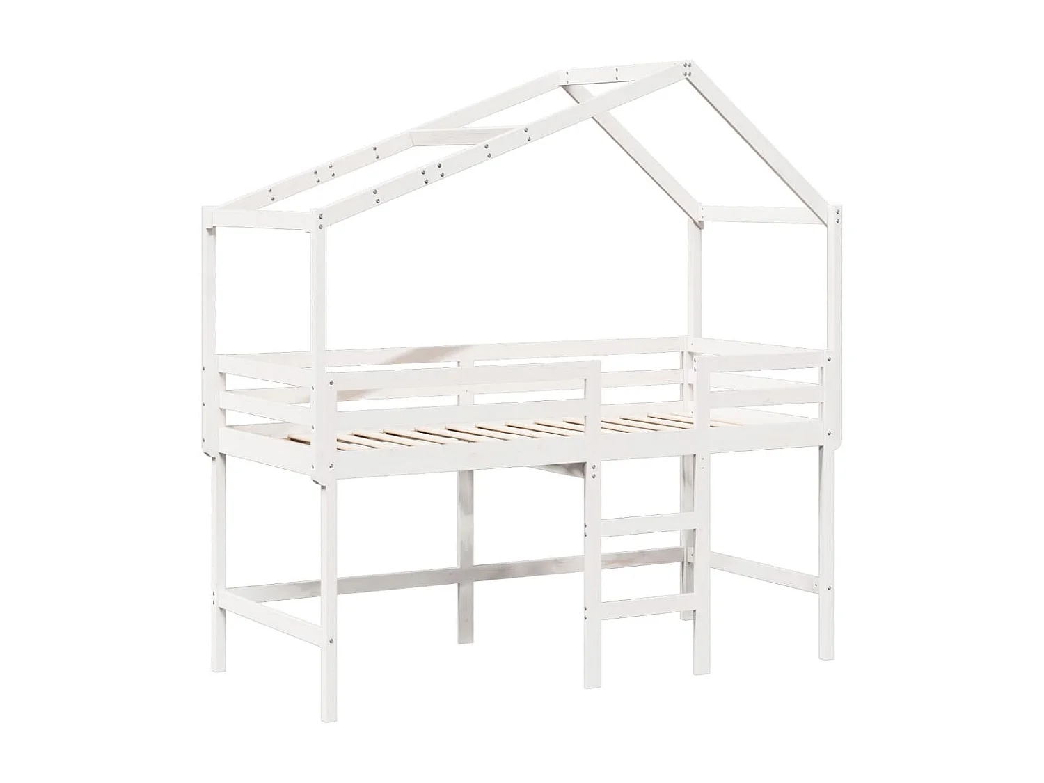 Cama alta com escada e telhado 80x200 cm pinho maciço branco