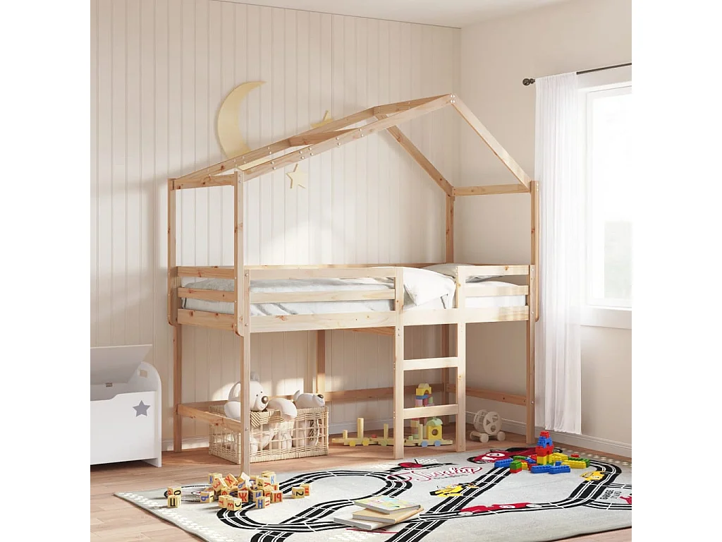 Cama alta com escada e telhado 80x200 cm pinho maciço