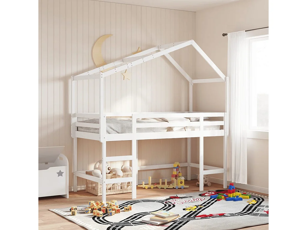 Halfhoogslaper met ladder en bedhuis grenenhout wit 90x190 cm