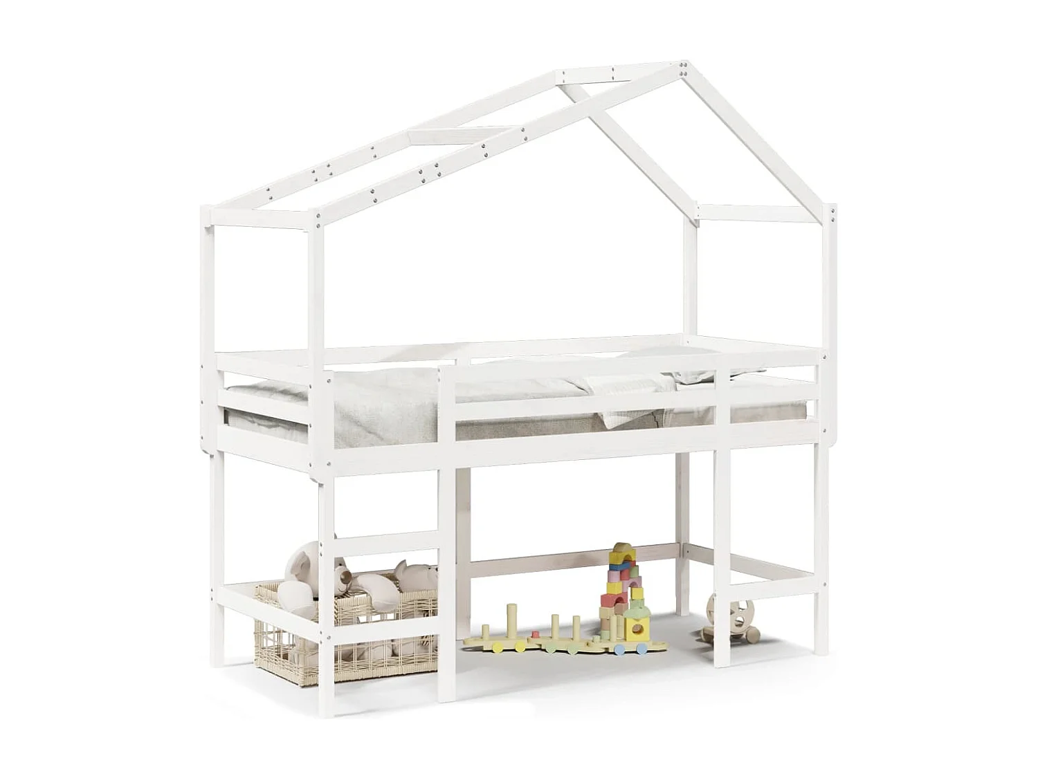 Halfhoogslaper met ladder en bedhuis grenenhout wit 90x190 cm