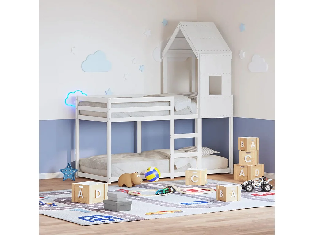 Stapelbed met bedhuis massief grenenhout wit 80x200 cm