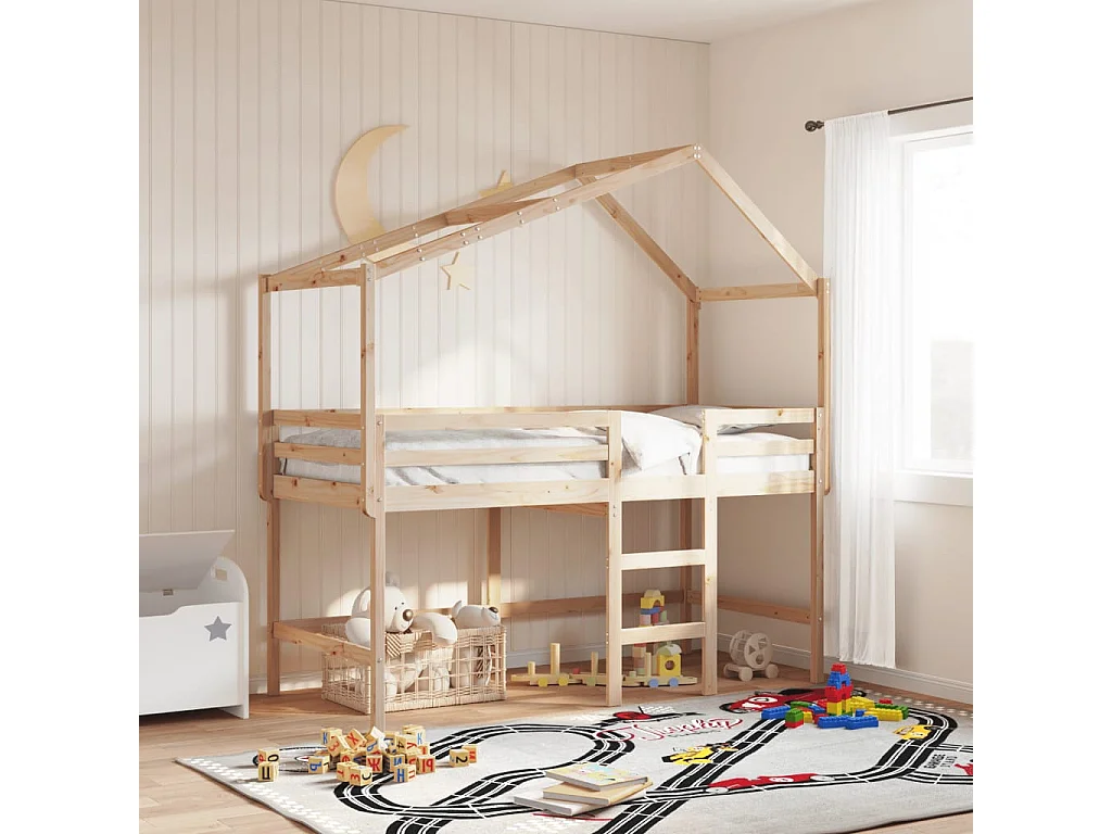 Cama alta com escada e telhado 90x200 cm pinho maciço