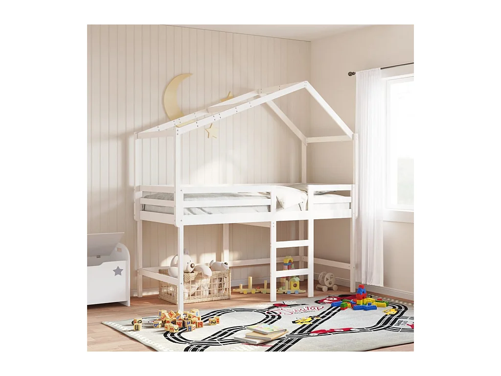 Lit superposé et échelle et toit blanc 90x190cm bois pin massif
