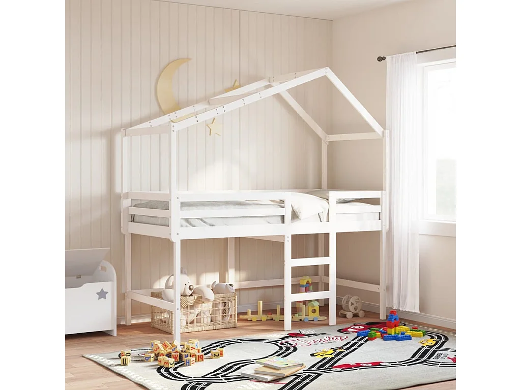 Cama alta com escada e telhado 90x190 cm pinho maciço branco