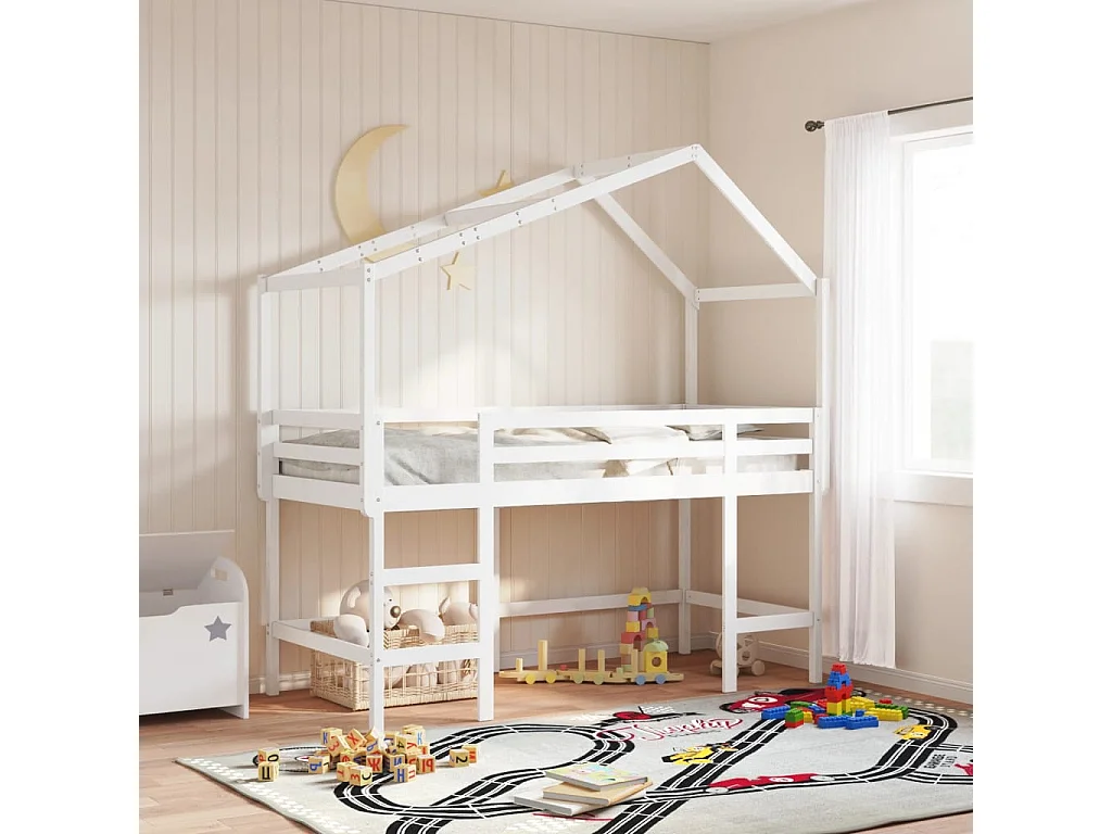 Halfhoogslaper met ladder en bedhuis grenenhout wit 80x200 cm