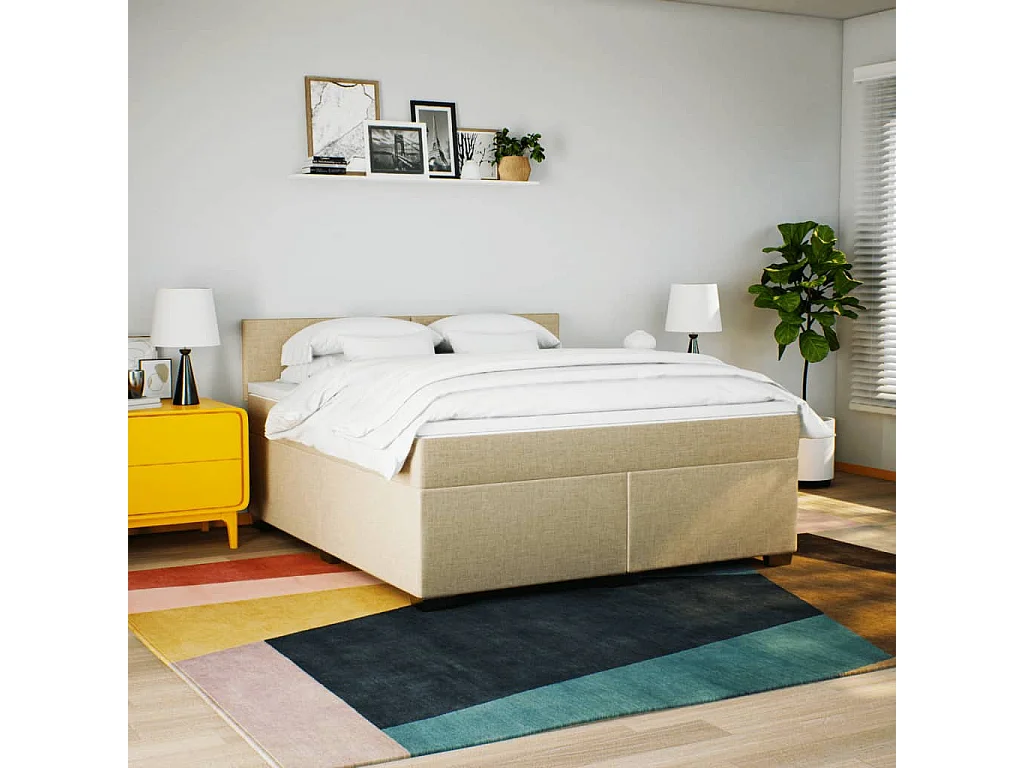 Cama box spring con colchón tela color crema 180x200 cm