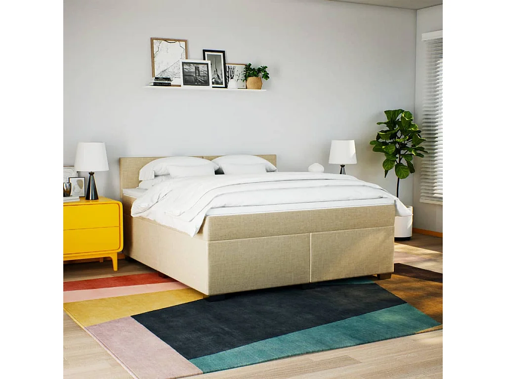 Cama box spring con colchón tela color crema 180x200 cm