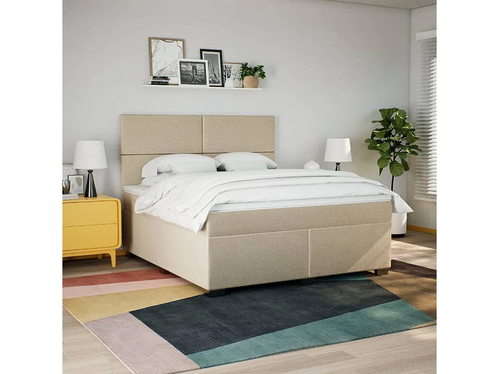 Cama box spring con colchón tela color crema 180x200 cm
