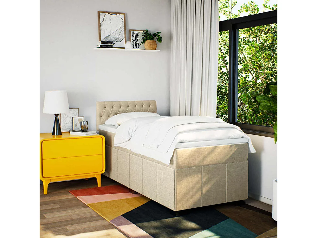 Cama box spring con colchón tela color crema 80x200 cm