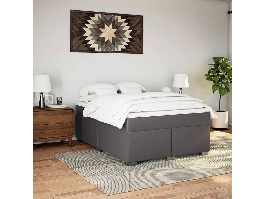 Cama box spring con colchón cuero sintético gris 140x190 cm