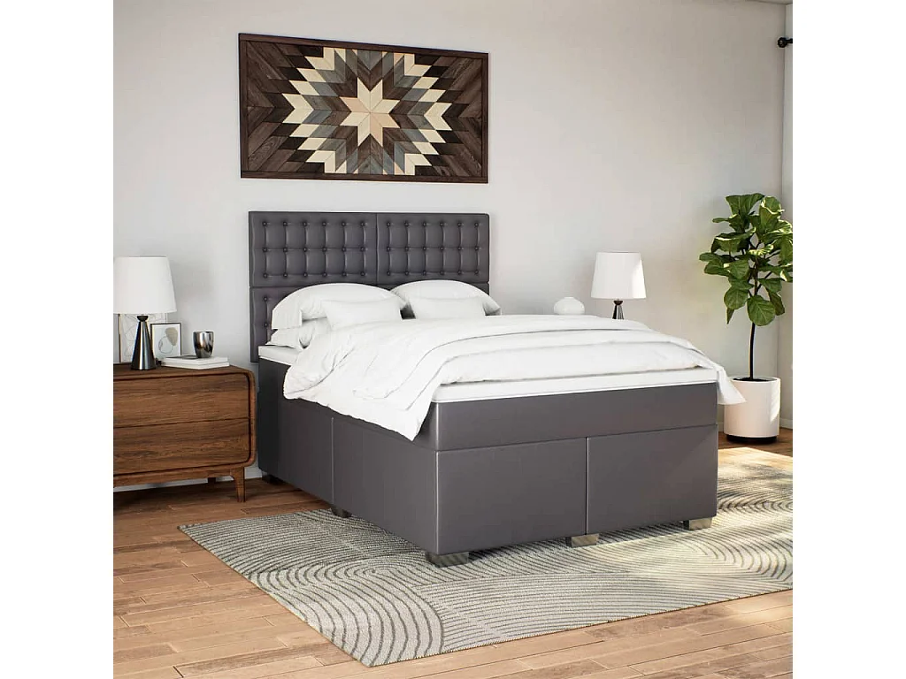 Cama box spring con colchón cuero sintético gris 140x190 cm