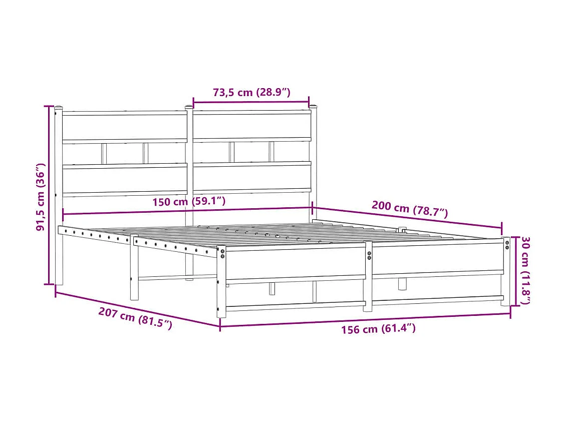 Estructura de cama sin colchón metal roble ahumado 150x200 cm