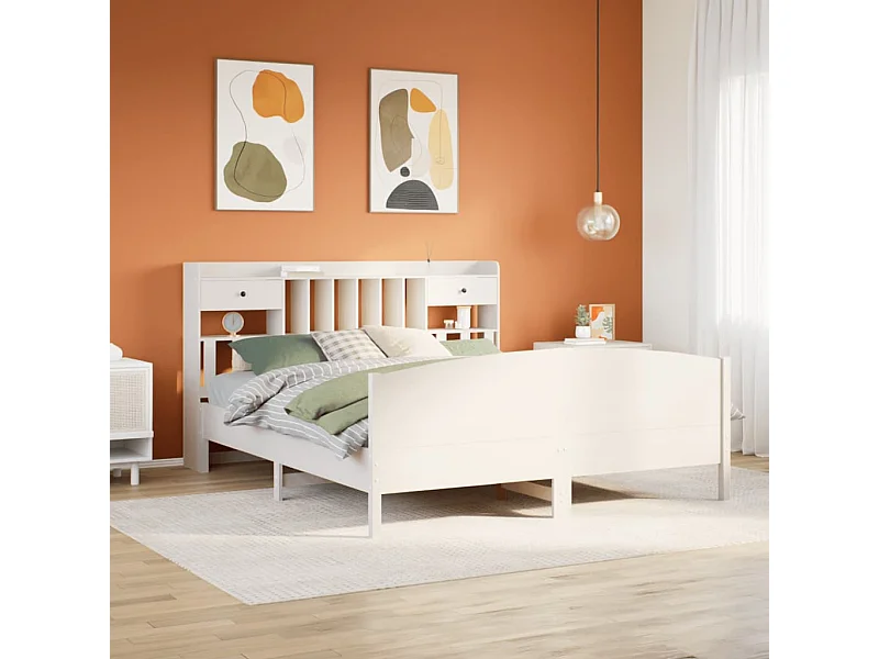 Lit bibliothèque sans matelas blanc 180x200 cm bois pin massif