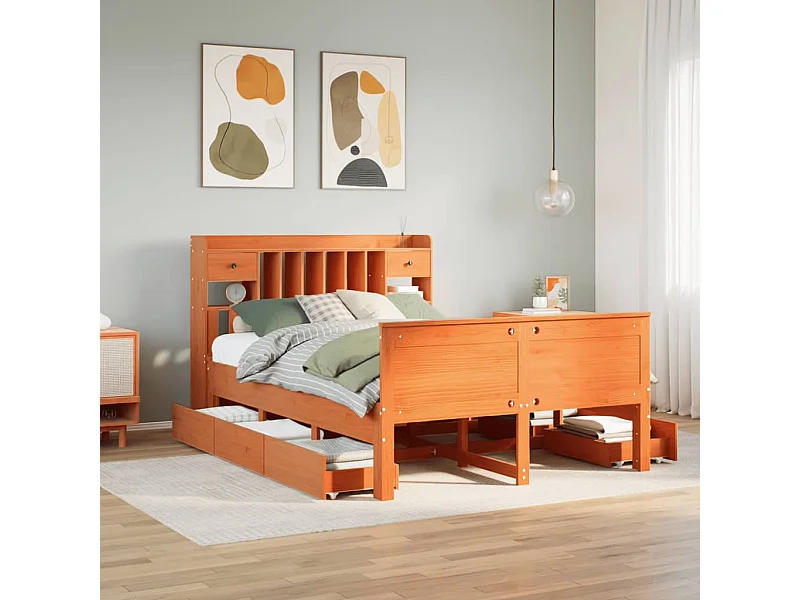 Lit bibliothèque sans matelas cire marron 160x200 cm pin massif