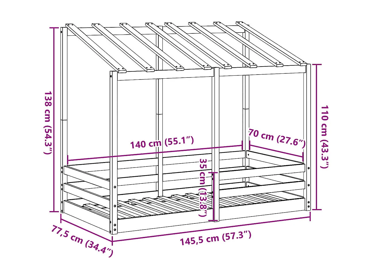 Cama infantil con techo madera maciza pino marrón 70x140 cm