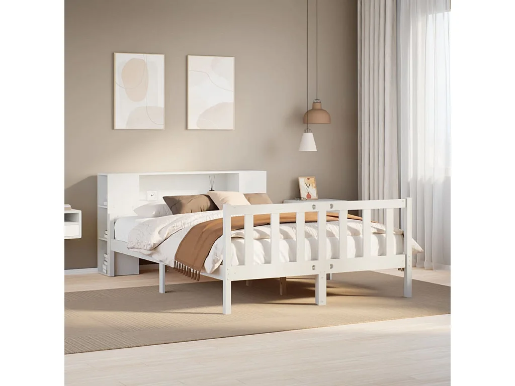 Cama con estantería sin colchón madera maciza blanca 160x200 cm