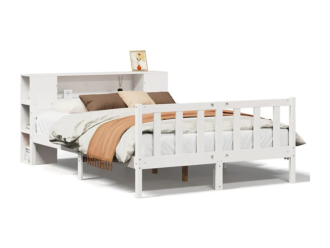 Cama con estantería sin colchón madera maciza blanca 160x200 cm