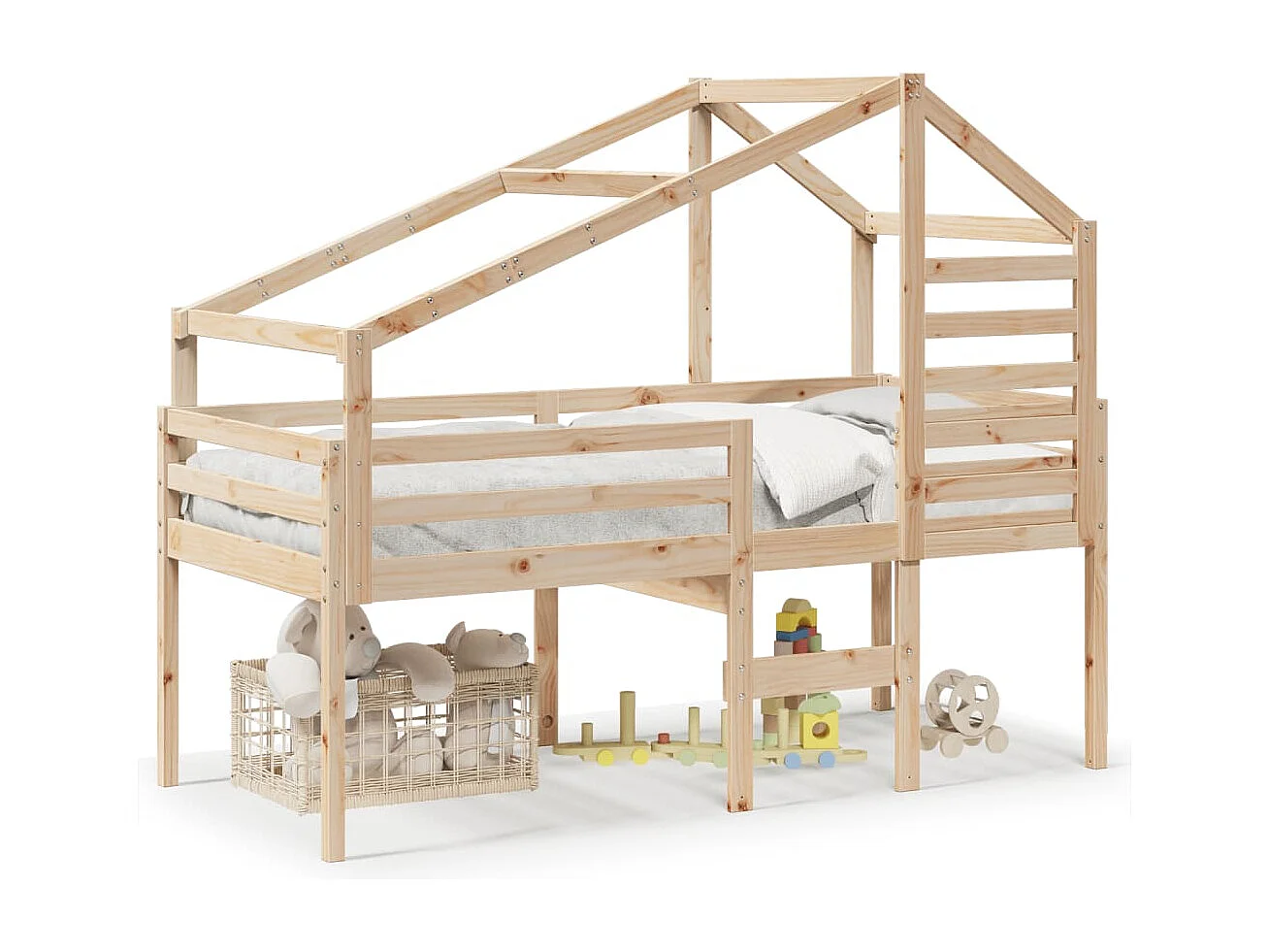 Cama alta con techo madera maciza de pino 90x190 cm