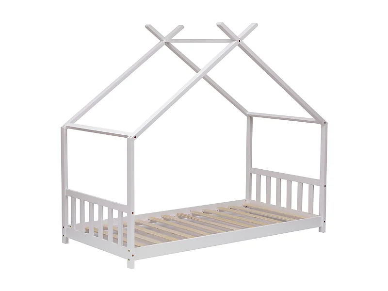Lit cabane en pin massif 90x190 cm blanc avec 10 lattes en contreplaqué peuplier - modèle Nikita - montage rapide et facile