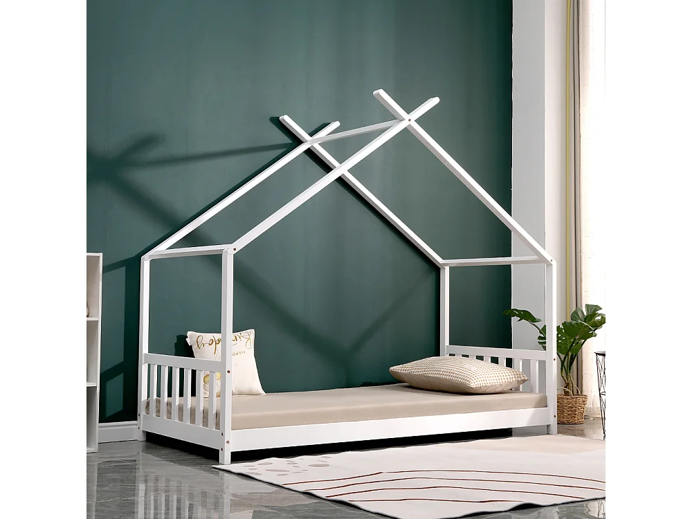 Lit cabane en pin massif 90x190 cm blanc avec 10 lattes en contreplaqué peuplier - modèle Nikita - montage rapide et facile