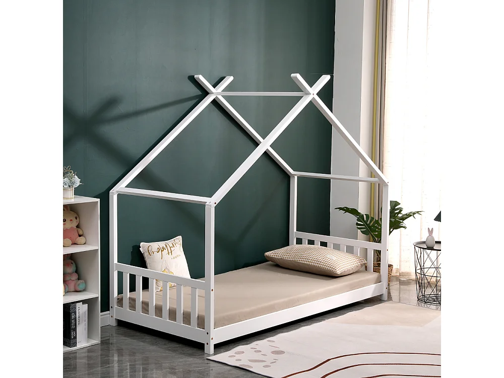 Lit cabane en pin massif 90x190 cm blanc avec 10 lattes en contreplaqué peuplier - modèle Nikita - montage rapide et facile