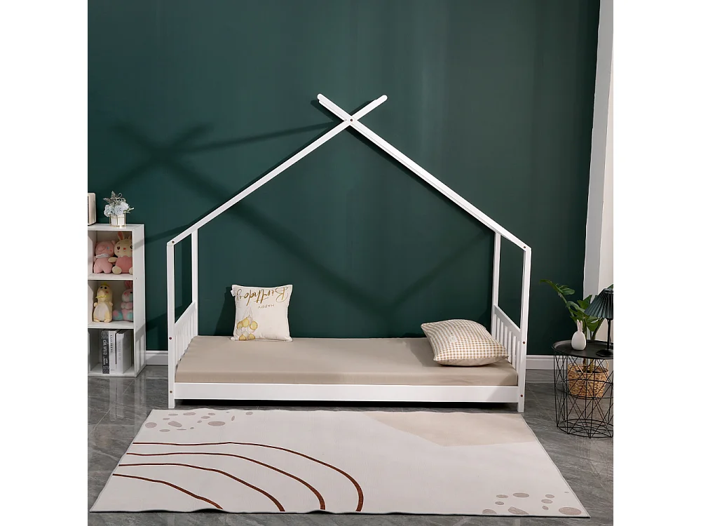 Lit cabane en pin massif 90x190 cm blanc avec 10 lattes en contreplaqué peuplier - modèle Nikita - montage rapide et facile