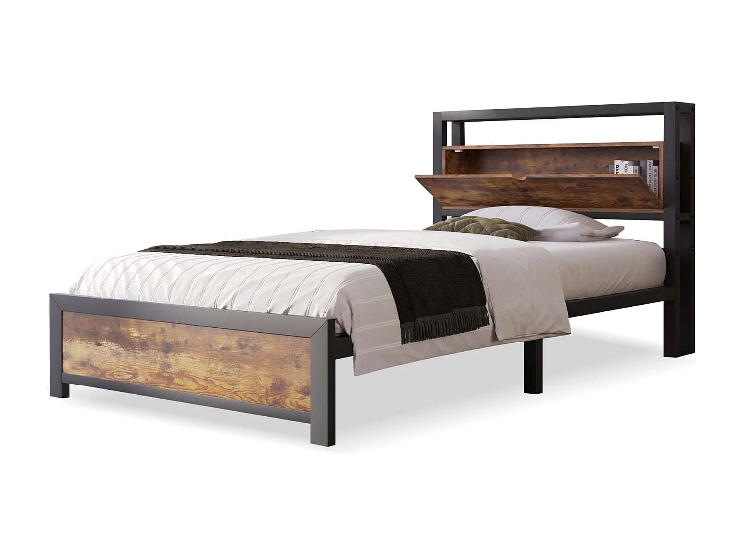 Lit simple avec rangement 90 x 200 cm - Lit ado avec tête de lit rangement et piètement en métal, style industriel - noir