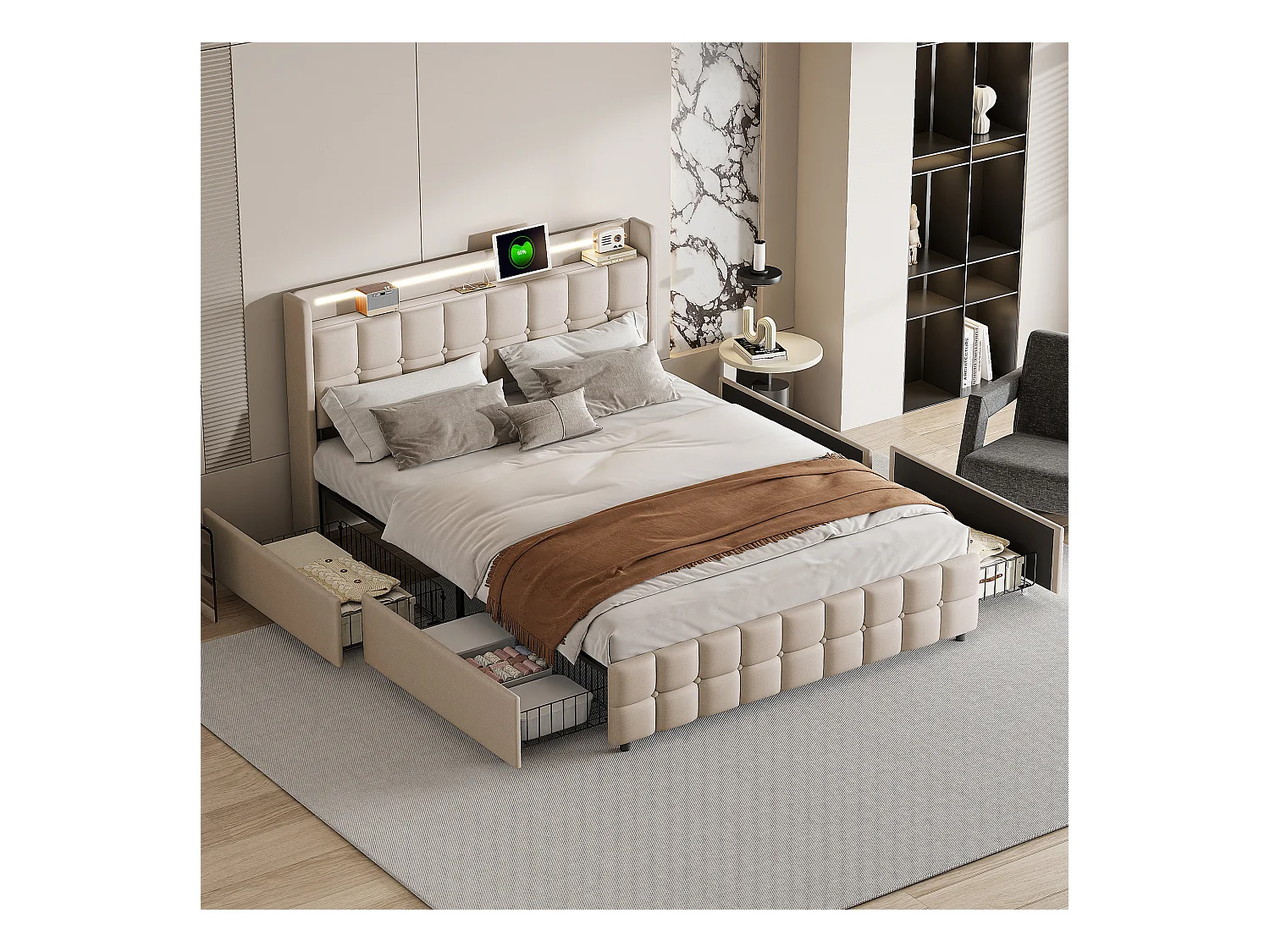 Lit 160x200cm avec tiroirs, Lit double capitonné avec rangement, éclairage LED, 2 chargeurs USB, lit adulte, sommier à lattes, beige