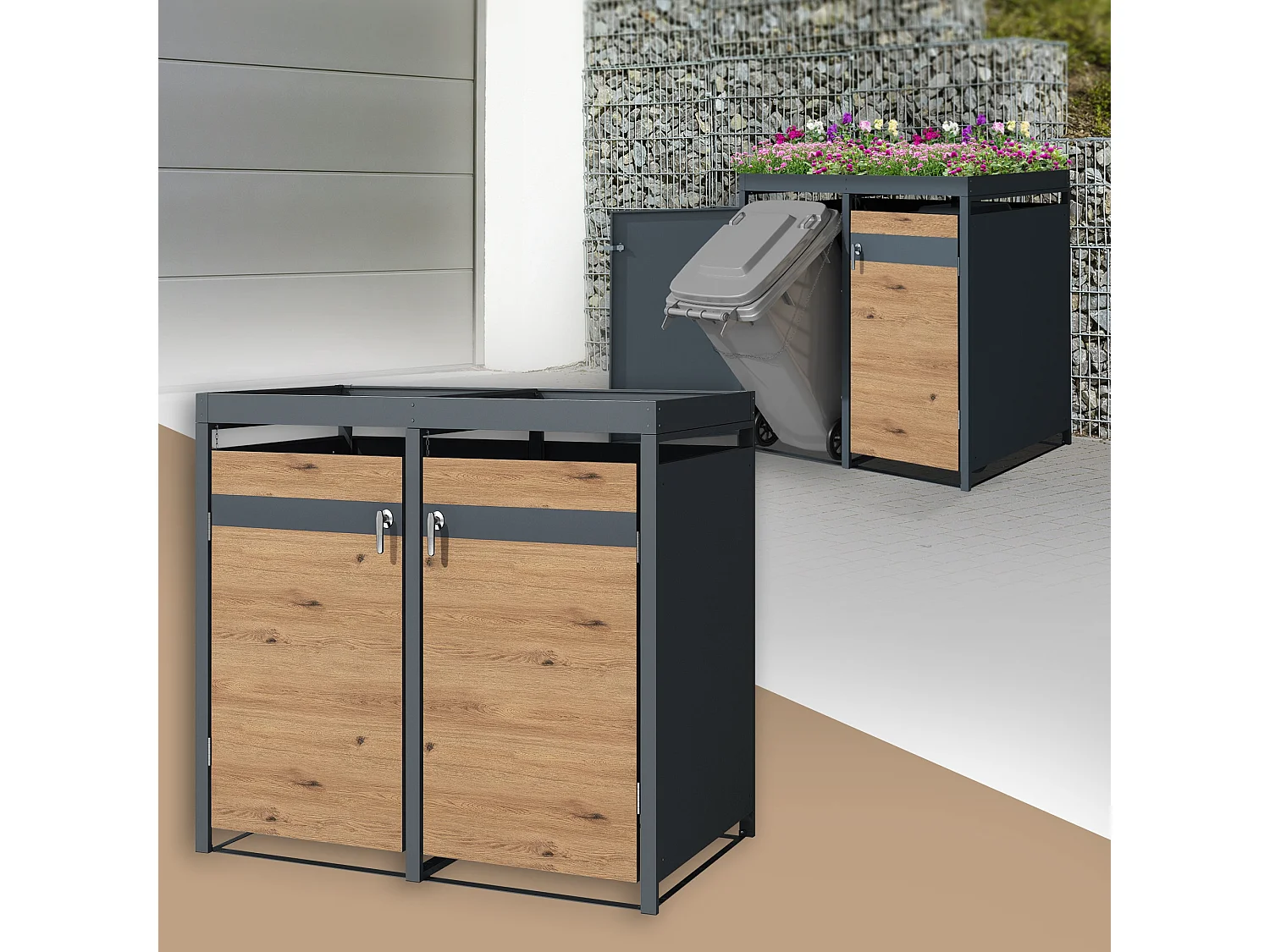 ML-Design Copribidone doppio 240L 132x80x124 cm in acciaio antracite effetto quercia contenitore pattumiera per spazzatura con tetto a fioriera