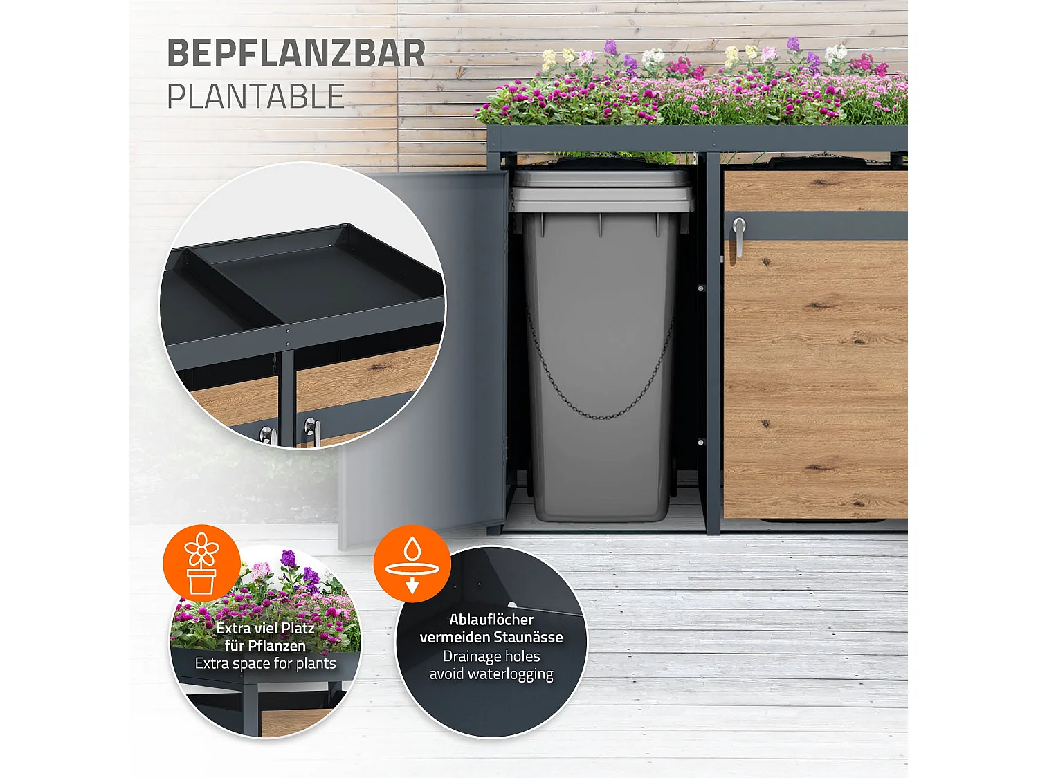 ML-Design Copribidone doppio 240L 132x80x124 cm in acciaio antracite effetto quercia contenitore pattumiera per spazzatura con tetto a fioriera