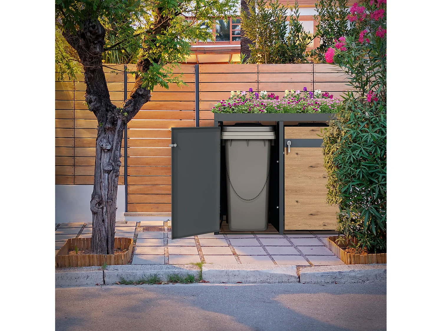 ML-Design Cobertizo exterior para 2 cubos de basura 240L 132x80x124cm antracita caseta de acero aspecto alerce con tapa abatible y puerta