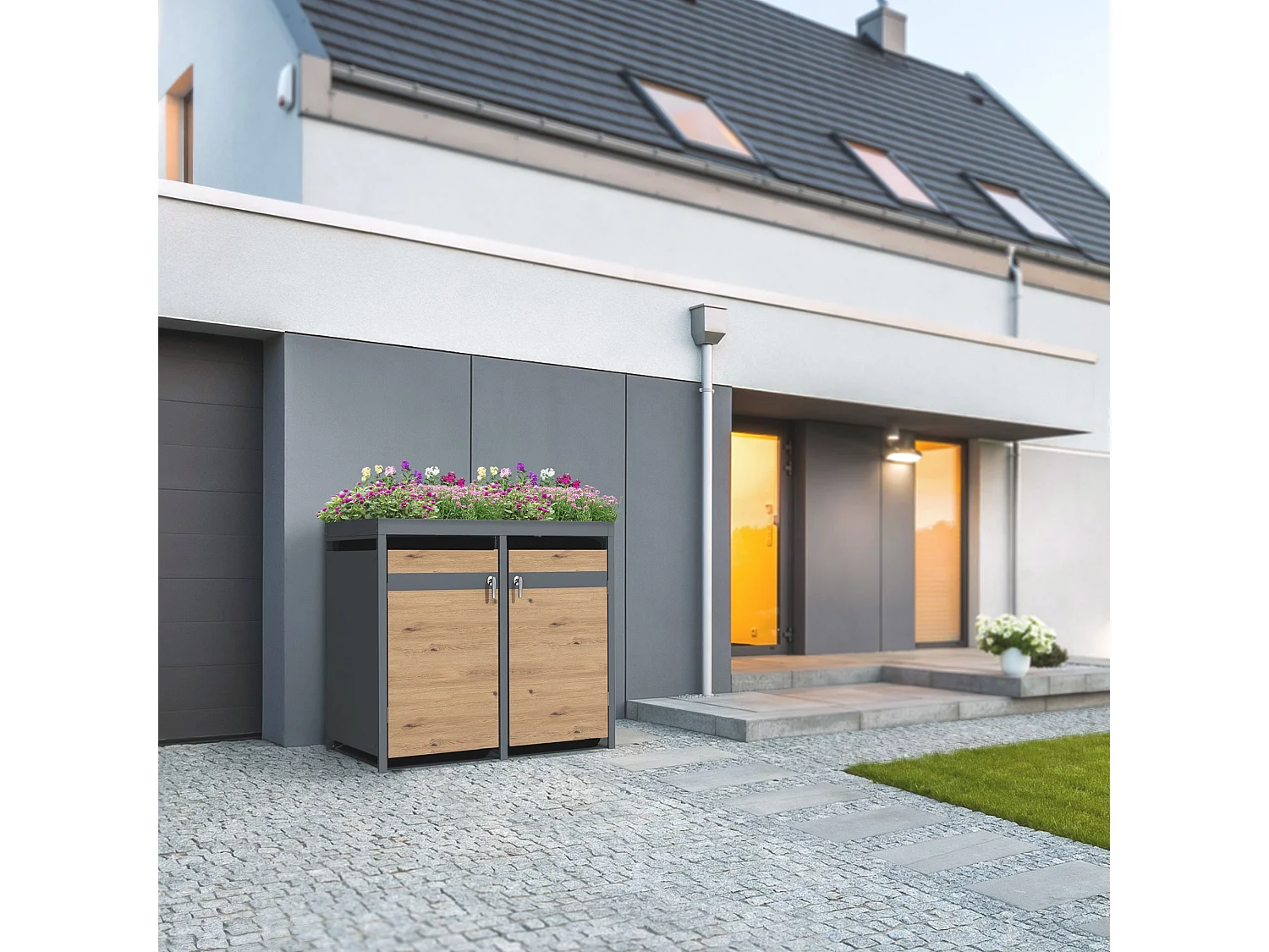 ML-Design Cobertizo exterior para 2 cubos de basura 240L 132x80x124cm antracita caseta de acero aspecto alerce con tapa abatible y puerta