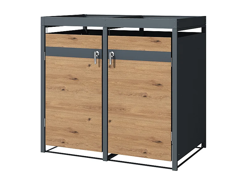 ML-Design Copribidone doppio 240L 132x80x124 cm in acciaio antracite effetto quercia contenitore pattumiera per spazzatura con tetto a fioriera
