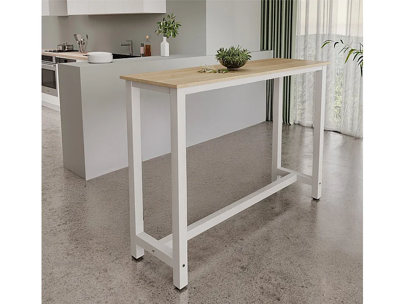 Table haute de cuisine et salle à manger en blanc et sonoma de 140x100x40 cm Ani