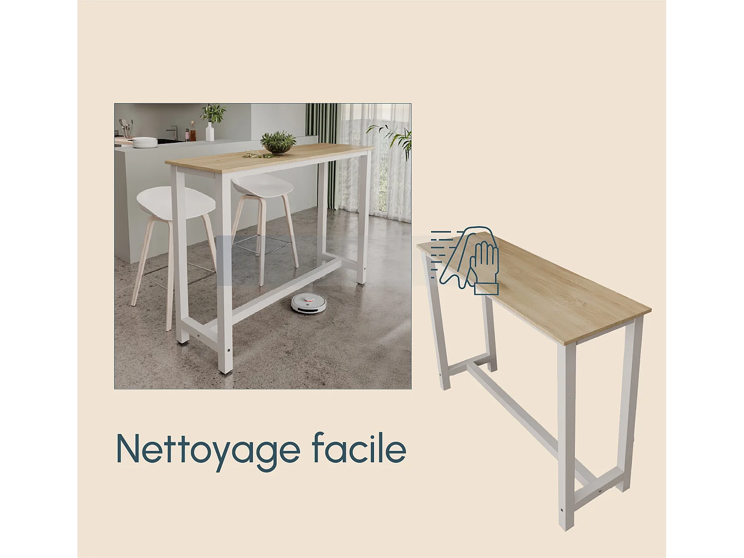 Mesa alta para Cocina Comedor en Blanco y Sonoma 140x100x40cm Ani