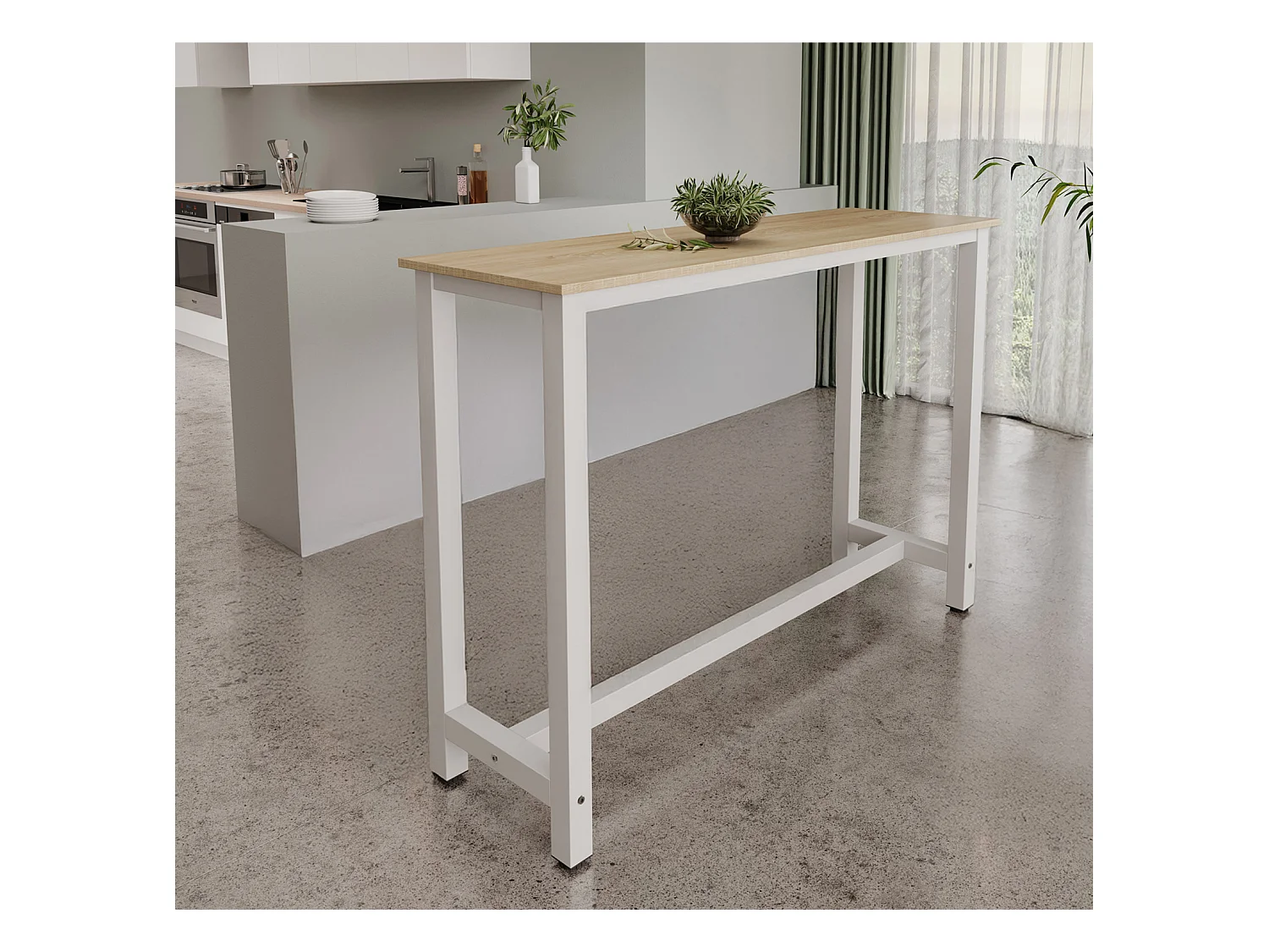 Table haute de cuisine et salle à manger en blanc et sonoma de 140x100x40 cm Ani